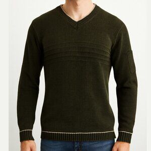 Men’s Olive V‑Neck Pullover – Soft Knit – Small